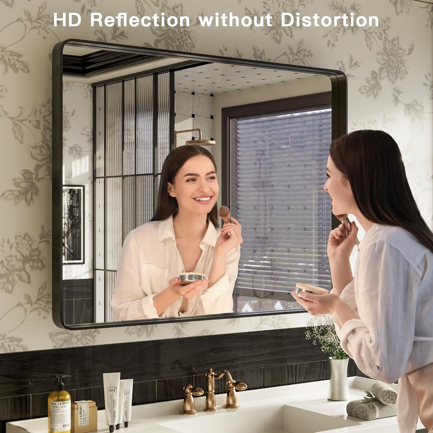 ISKM Black Bathroom Mirror for Wall 44" x 36" Matte Black Framed Vanity Mirror, Shatter-Proof, Tempered Glass, Rounded Rectangle Mirror(Horizontal/Vertical)