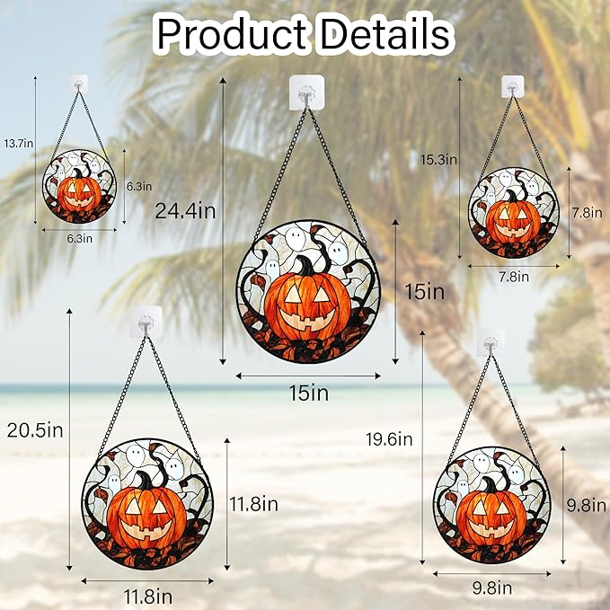 Stained Glass Window Hanging - Halloween Decorations Pumpkin Ghost Suncatcher for Doors Garden Indoor Spooky Funny Orange Sun Catchers Gothic Decor Horror Gifts for Women Men Friend 11.8 in