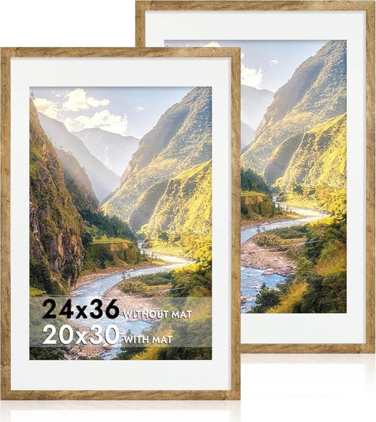 iRahmen 24x36 Poster Frame Set of 2 with Plexiglass, Wooden Rustic Brown Frames Display 20x30 Picture with Mat or 24 x 36 Without Mat, Wall Gallery Mounting Horizontal and Vertical