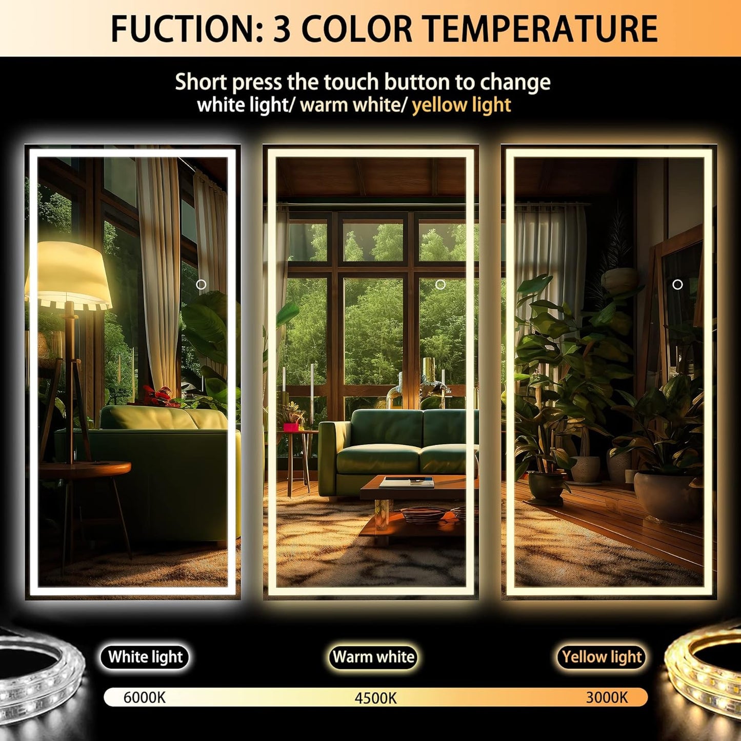 Hasipu Full Length Mirror with Lights, 71" x 24" LED Lighted Floor Standing, Full Body Dressing Hanging Mounted Mirror, Dimmable, Tempered Glass, Safe to Use, Square Black