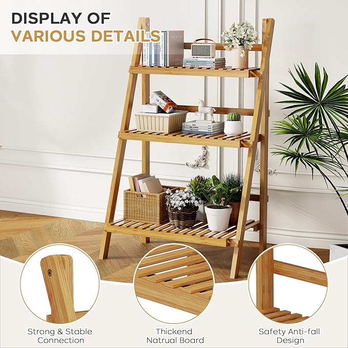 Foldable Plant Shelf Ladder Shelf, 3 Tier Bamboo Ladder Flower Pot Display Shelf, Freestanding Ladder Bookshelf Rack for Garden, Balcony, Yard, Living Room, 23.6" W x 15" D x 39.4" H, Natural