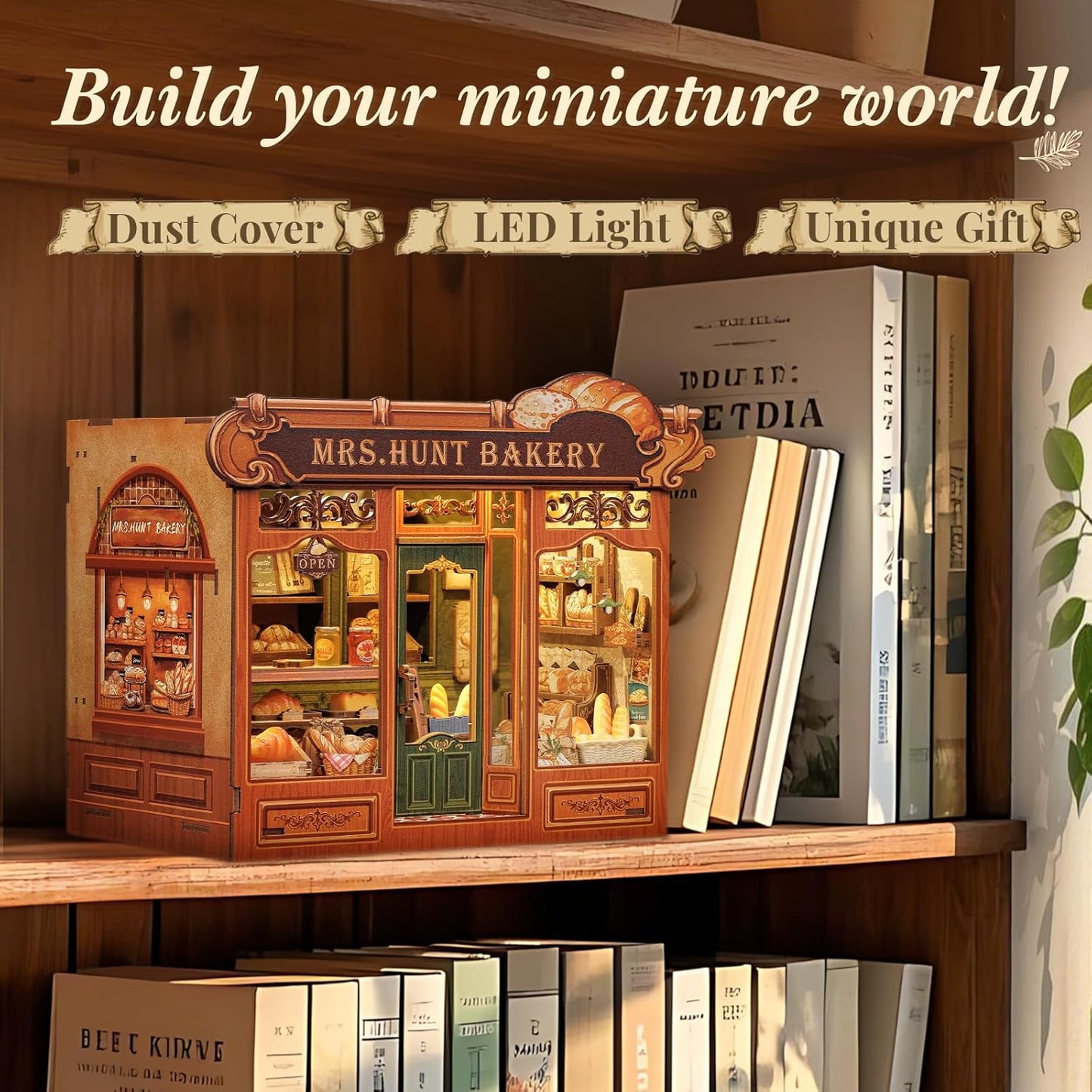 CUTEBEE Book Nook Kit - DIY Miniature House Bakery Dessert Shop Dollhouse Kit for Adults, Booknook Tiny House Bookshelf Decor 3D Wooden Puzzle, Gifts for Family, Friends (Mrs.Hunt Bakery)