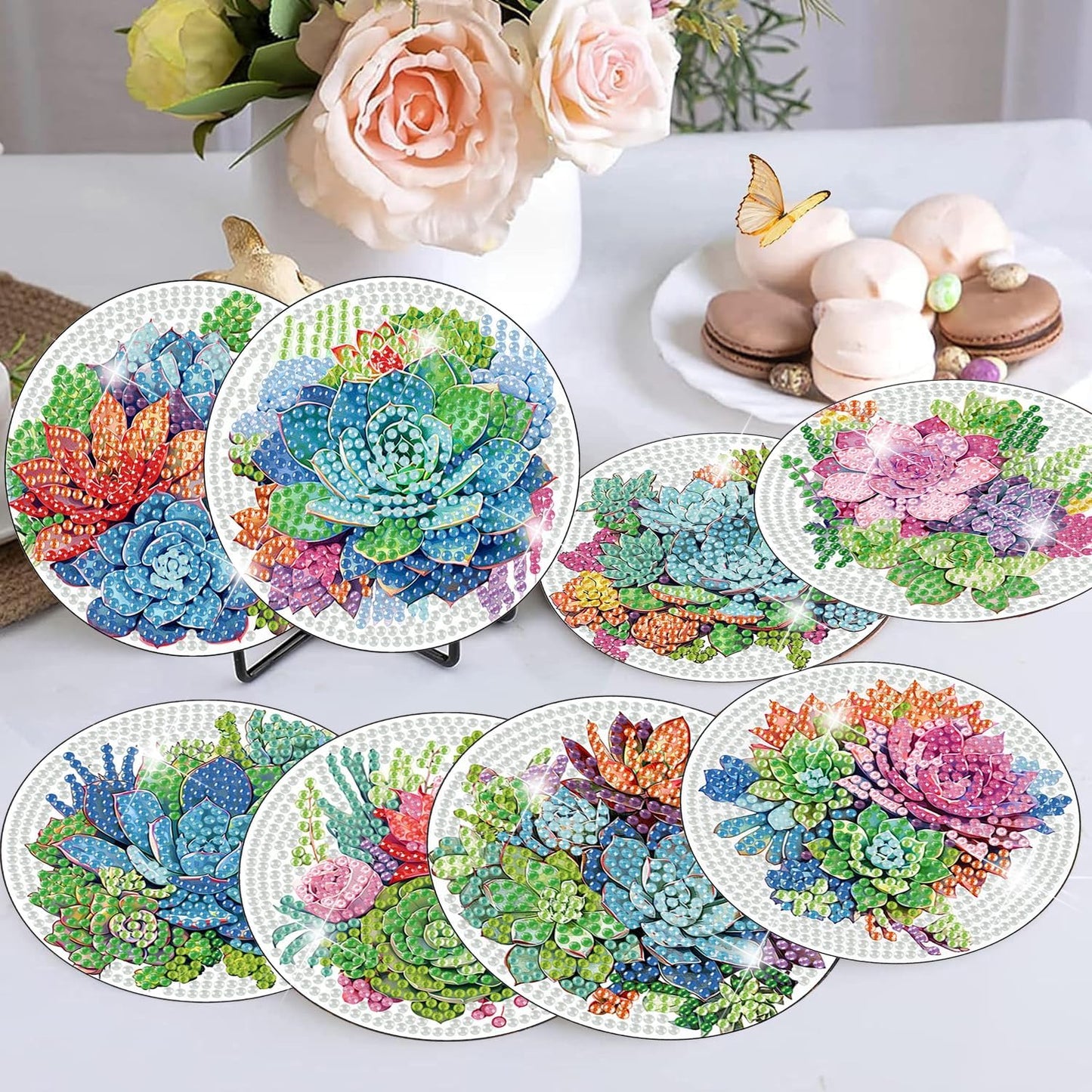 Meothan 8 Pcs Diamond Art Coasters Kits for Adults with Holder Cork Pads, Succulent Diamond Dots Art Painting Coasters Crafts Kit for Home Office Decor (Green Plants)