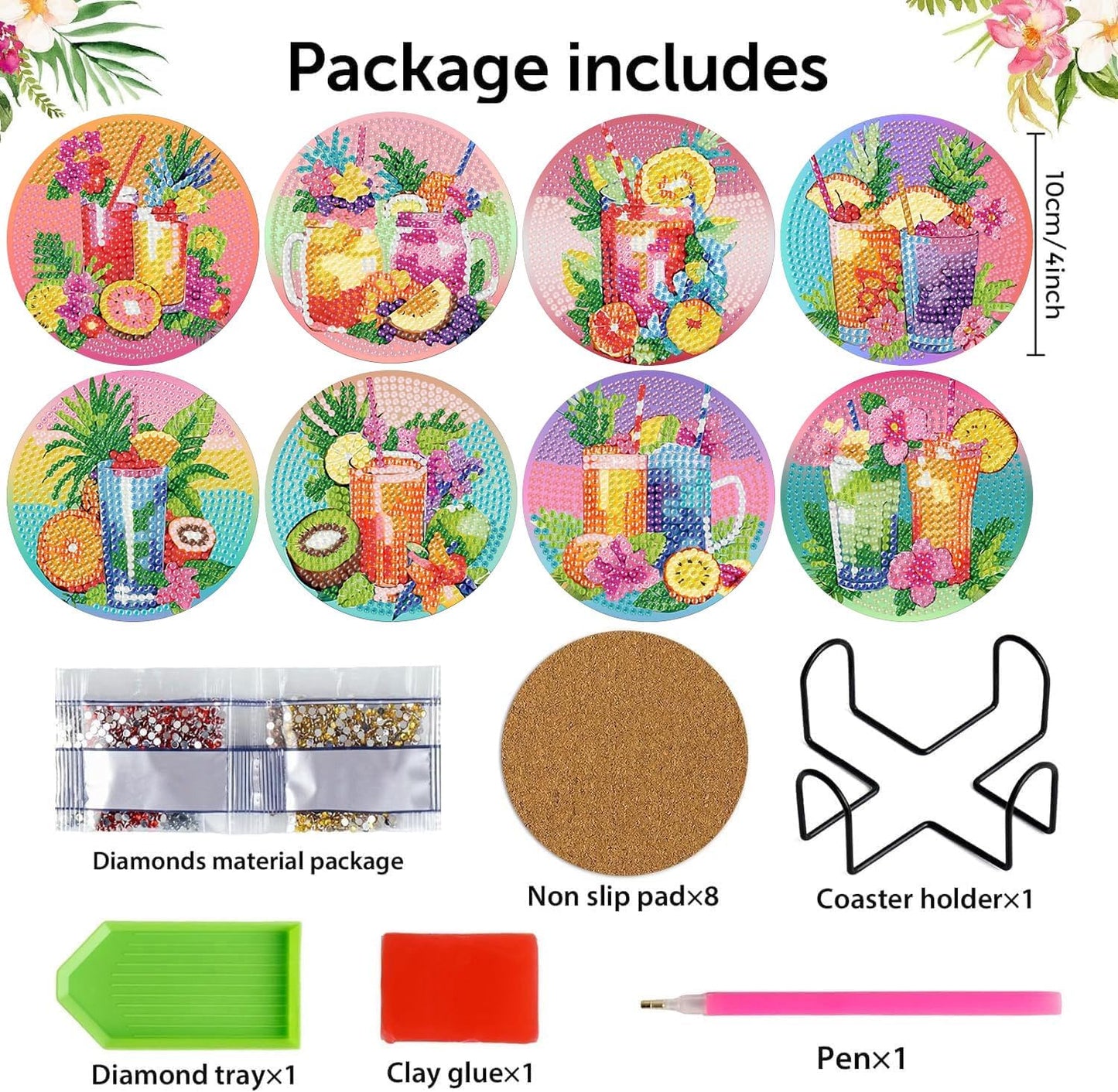 Meothan 8 Pcs Diamond Art Coasters Kits for Adults with Holder Cork Pads, Diamond Dots Art Painting Coasters Crafts Kit for Home Office Decor (Summer Cocktails)