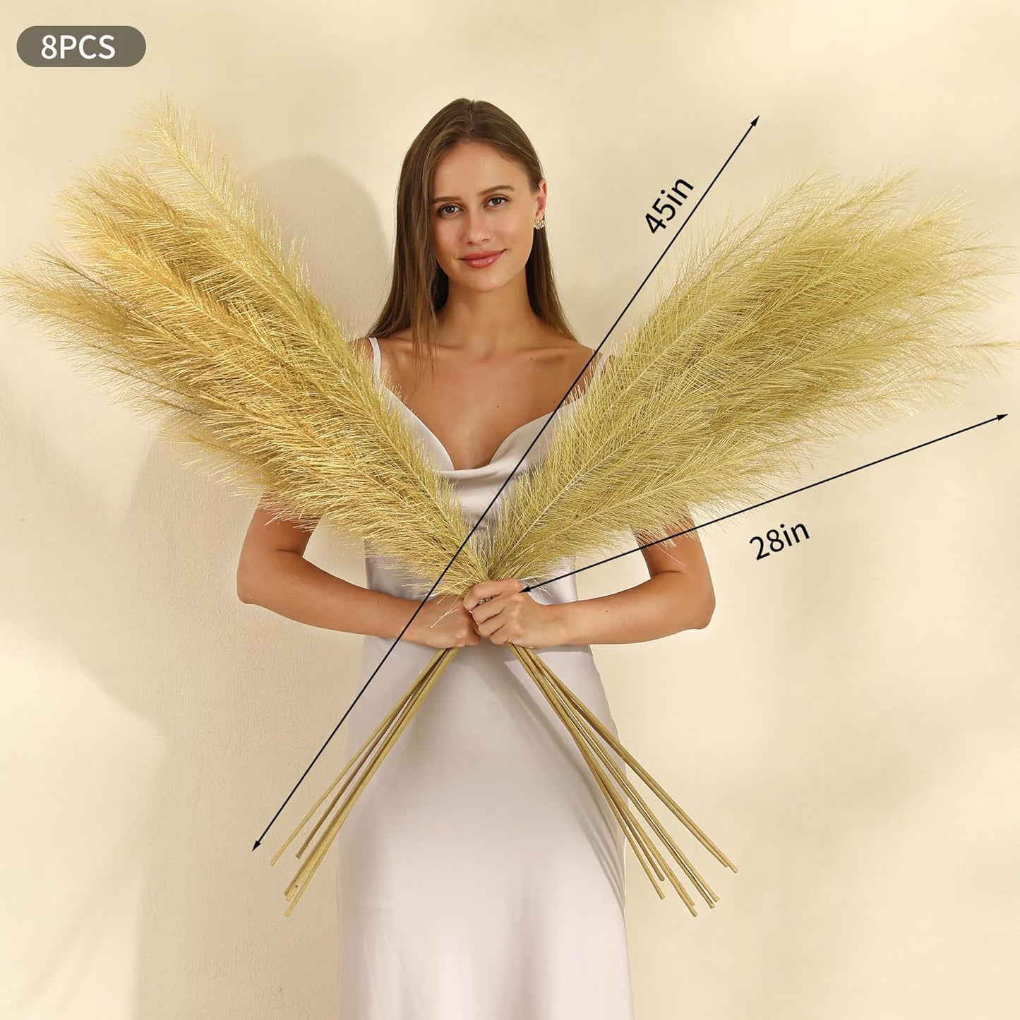 Gold Pampas Grass Decor - 45-Inch Set of 8 | Faux Tall Pampas Grass Soft and Fluffy | Perfect for Wedding Centerpieces, Great Gatsby Party Decorations and Glam Room Decor