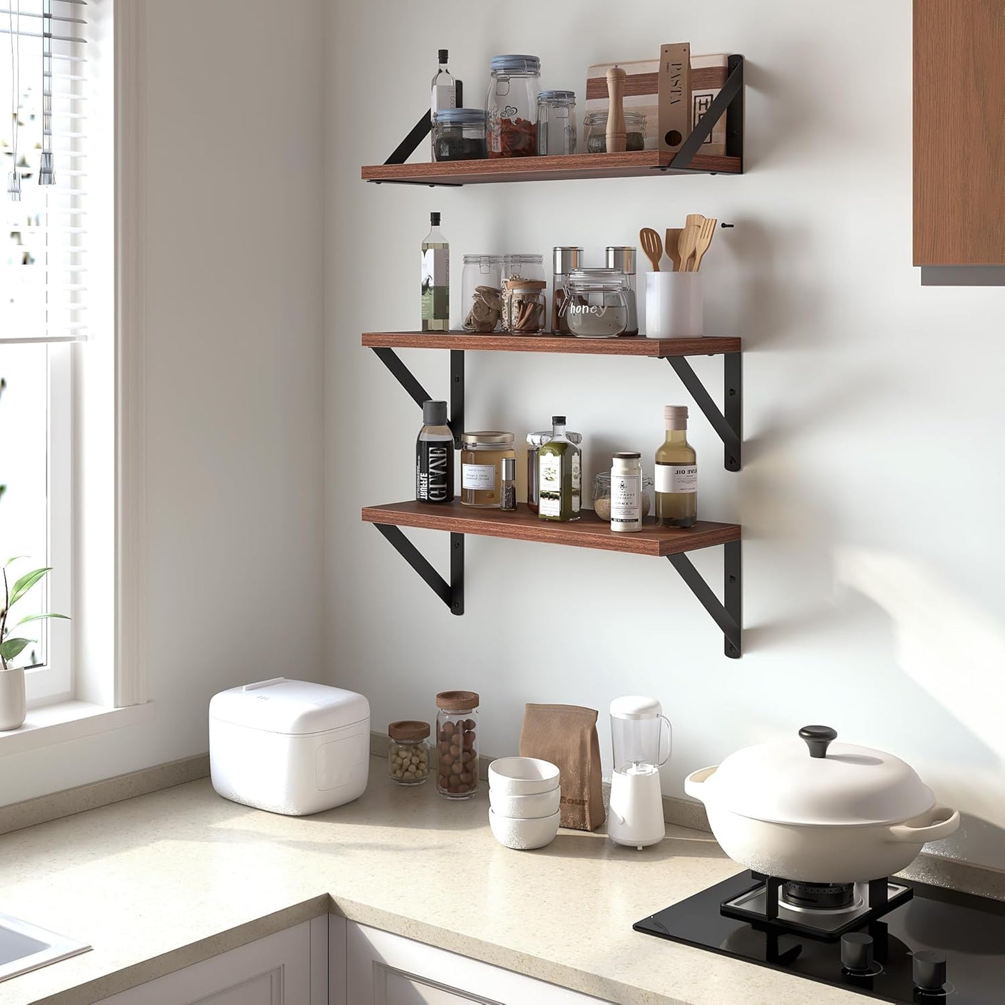 Heimlove Floating Shelves for Wall, 16 Inch Long Wood Floating Shelves Set of 3, Wall Mounted Hanging Shelf for Bathroom Bedroom Kitchen, Walnut