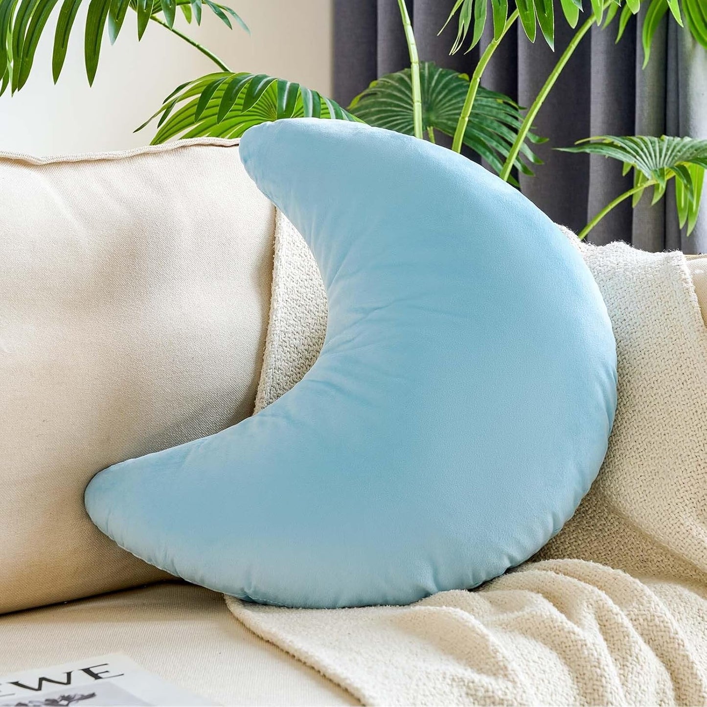 Blue Moon Pillow, 19.6" Cute Soft Velvet Half Moon Shape Plush Decorative Throw Pillows Cushions Room Decor for Couch Bedroom Living Room