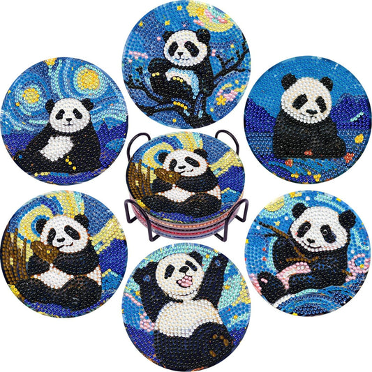 Leatrice 6PCS Panda Diamond Art Coasters Small Diamond Painting Kits for Adults Diamond Dots Round Full Drill Diamond Coasters with Holder Easy Art Crafts for Beginners Women Gifts