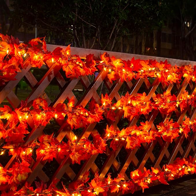 Thanksgiving Fall Decorations for Home Maple Leaf String Lights, 9.16FT Fall Leaves Garland with Lights 50 Bulbs Lighted Fall Garland Lights for Halloween Fall Decor Outdoor Thanksgiving Mantle