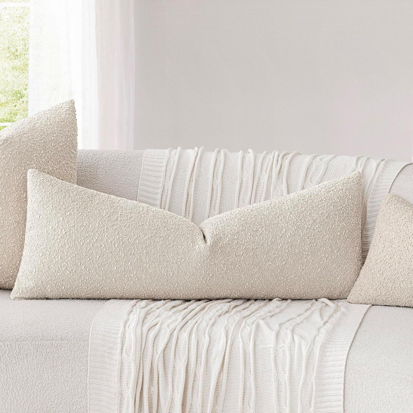 Foindtower Decorative Textured Boucle Throw Pillow Covers Accent Solid Pillow Cases Neutral Long Body Lumbar Couch Cushion Case for Chair Sofa Bedroom Living Room Home Decor 14x36 Inch,1PC,Light Beige