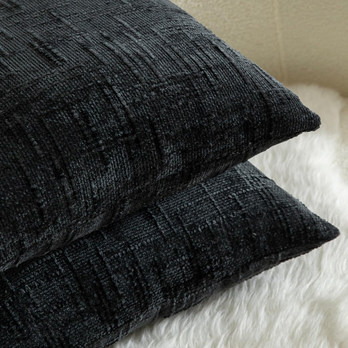 MANDIOO Pack of 2 Soft Chenille Textured Throw Pillow Covers Square Accent Solid Decorative Cushion Cover Cozy Farmhouse Pillow Case for Couch Sofa Bed Living Room 16x16 Inch Black