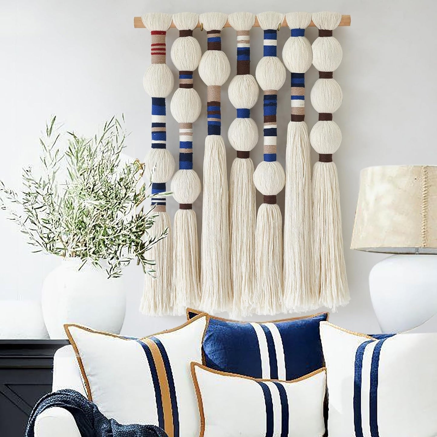 Flber Macrame Wall Hanging Woven Tapestries Handmade Cotton Yarn with Ball-shaped Tassels Geometric Boho Wall Decor for Bedroom & Living Room 15.7" Wx 21.6" L