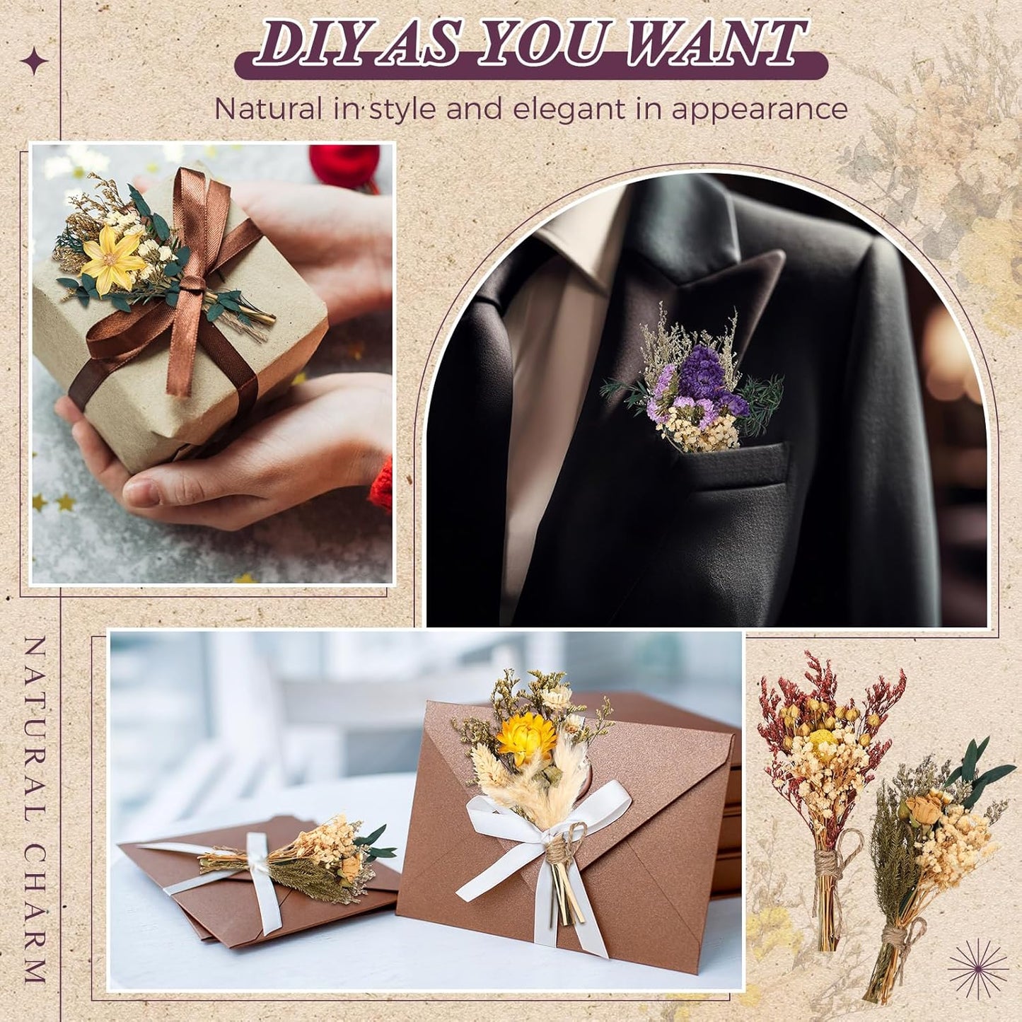 Layhit 24 Pcs Boho Dried Flower Bouquet Mini Wedding Handmade Dry Flowers Decor for Vase Crafts DIY Photo Boutonniere for Men Floral Plant for Bridesmaid Gift Birthday Decor (Vivid)