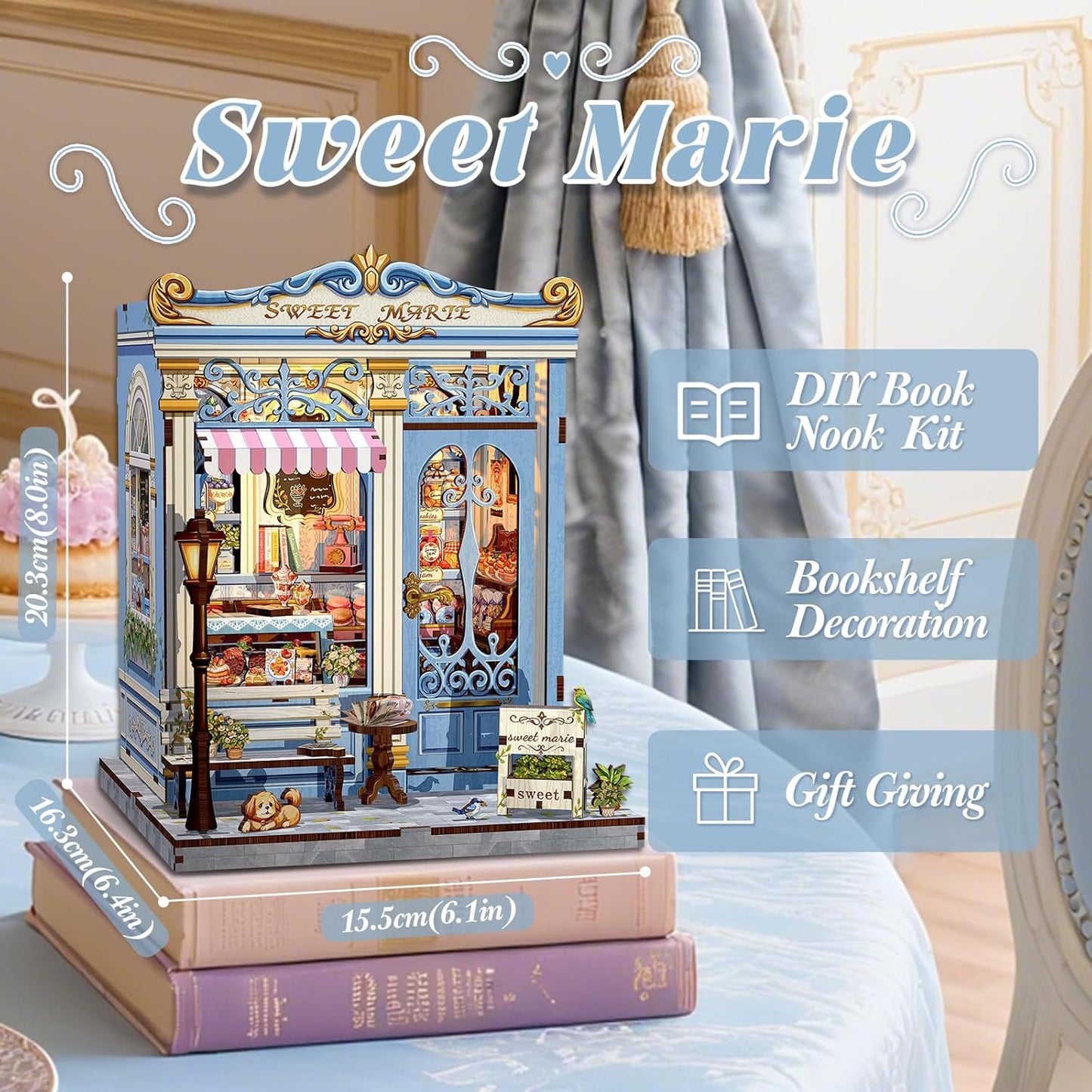 Fsolis Book Nook Kit - DIY Bookshelf Miniature Kit for Adults, 3D Puzzle Booknook Bakery Tiny House Adult Craft Gifts for Women Teenagers Book Lovers (Sweet Marie)