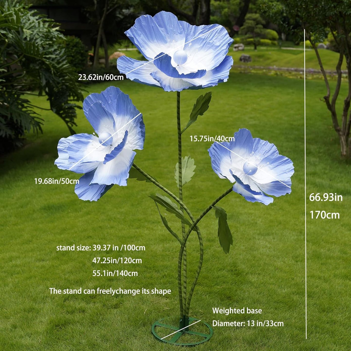 Giant Flowers for Decoration,Large Paper Flowers with Standing Stems and Base,3 pcs Artificial Flowers for Home Decor, Wedding Decorate, Photography Props, Party Banquet (Light Blue)