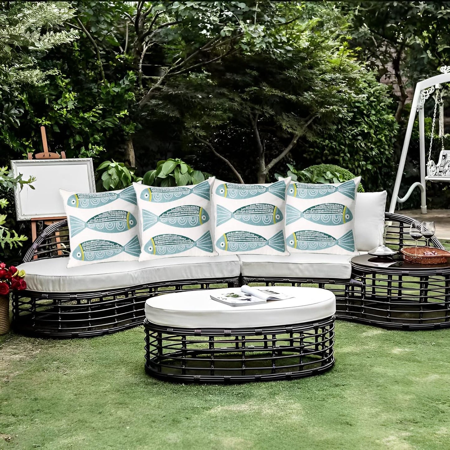 1 PCS Embroidered Throw Pillow Cover Cotton Decorative Square Cushion Cases for Home Sofa Bed and Chair 18 x 18 Inch (Blue Fish)