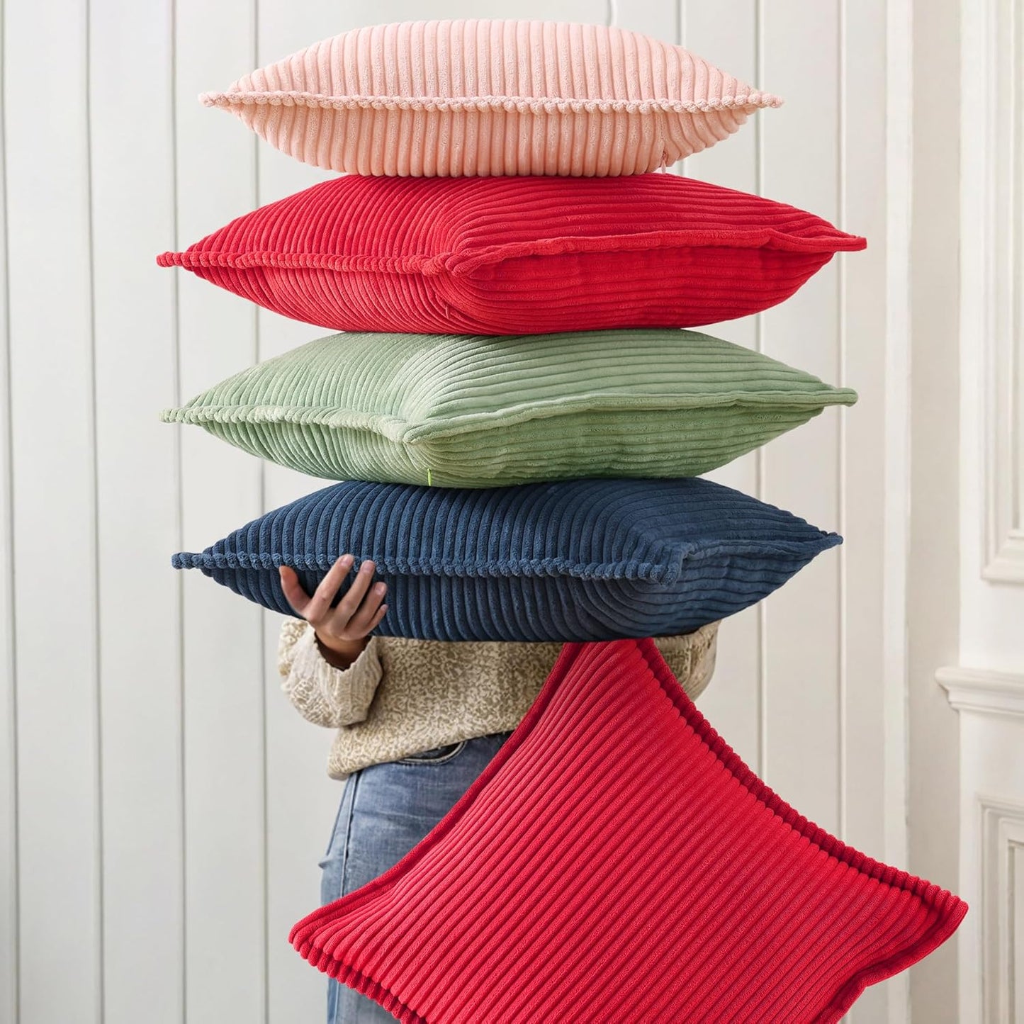 decorUhome Christmas Corduroy Red Throw Pillow Covers 26x26 Set of 2 Decorative Soft Boho Farmhouse Euro Couch Pillow Covers for Living Room Bed Sofa Broadside Striped Pillow Cases