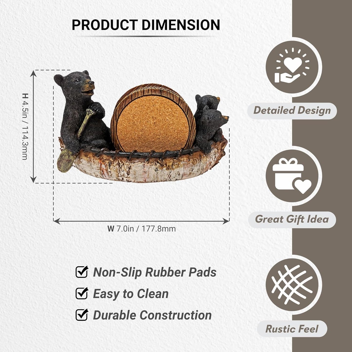 Black Bear Canoe Coaster Set with Holder - Pine Ridge 3 Rustic Black Bear Cabin Decor Absorbent Coaster Drink - Set of 5 Drink Coaster Set