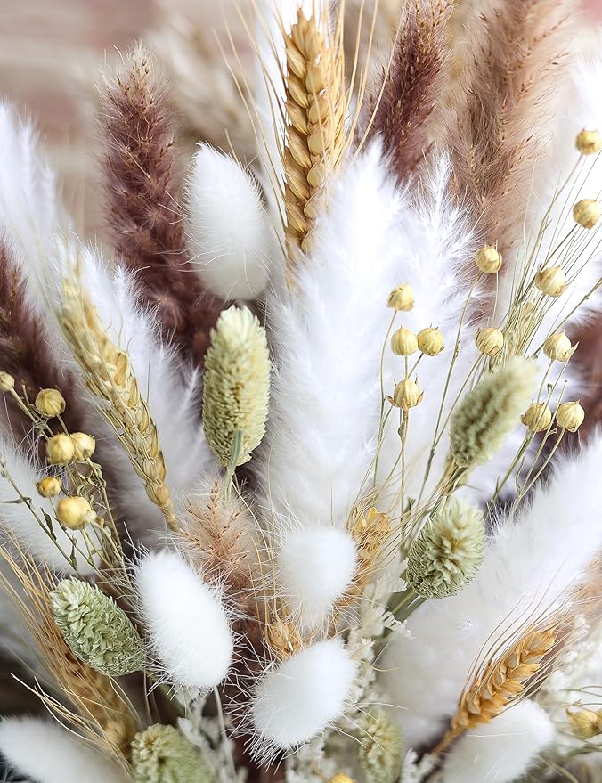 xin's convey 126pcs Dried Pampas Grass Decorations, (Vase Not Included), Dried Flowers Bouquet, Reed Grass Bouquet for Boho Floral Wedding, Bedroom, Rustic Farmhouse Decor.