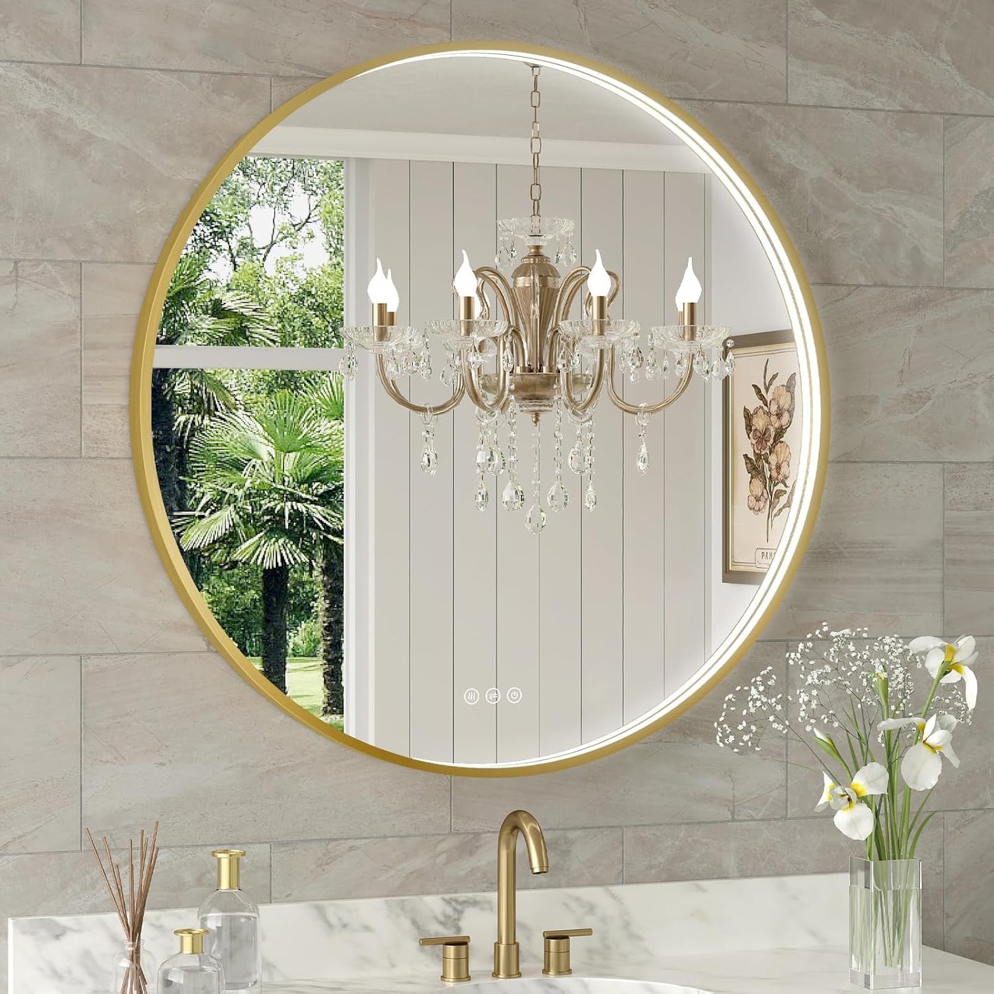 LED Bathroom Mirror with Gold Framed 28 Inch, LED Mirror for Bathroom with Anti-Fog, Stepless Dimmable, Front Lit, Memory Function, Shatter-Proof