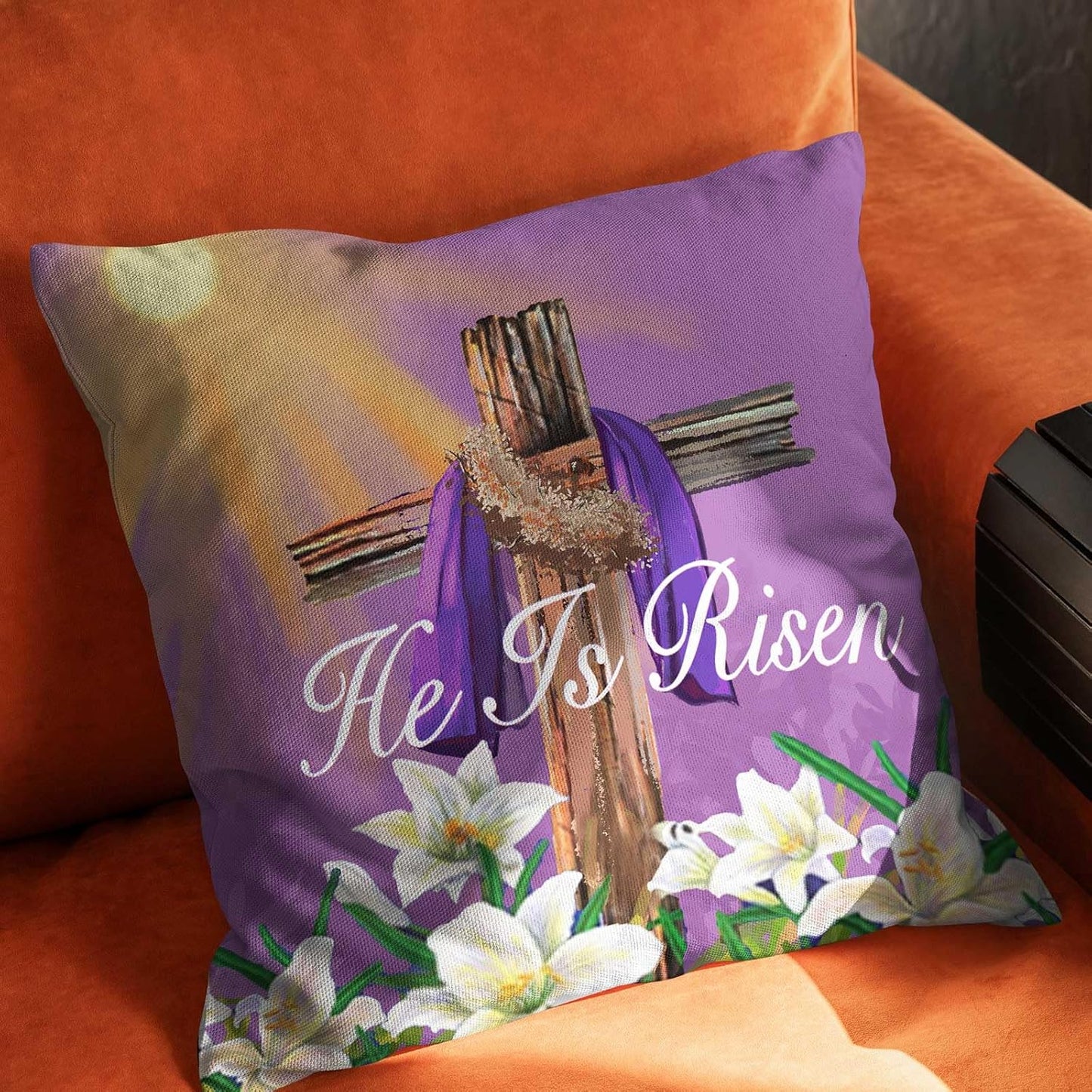 He is Risen Throw Pillow Cover Religious Easter Cross Jesus Lily Pillow Cover,Easter Spring Lily Pillow Covers Home Decorative Sofa Pillow Case 18x18 Inch