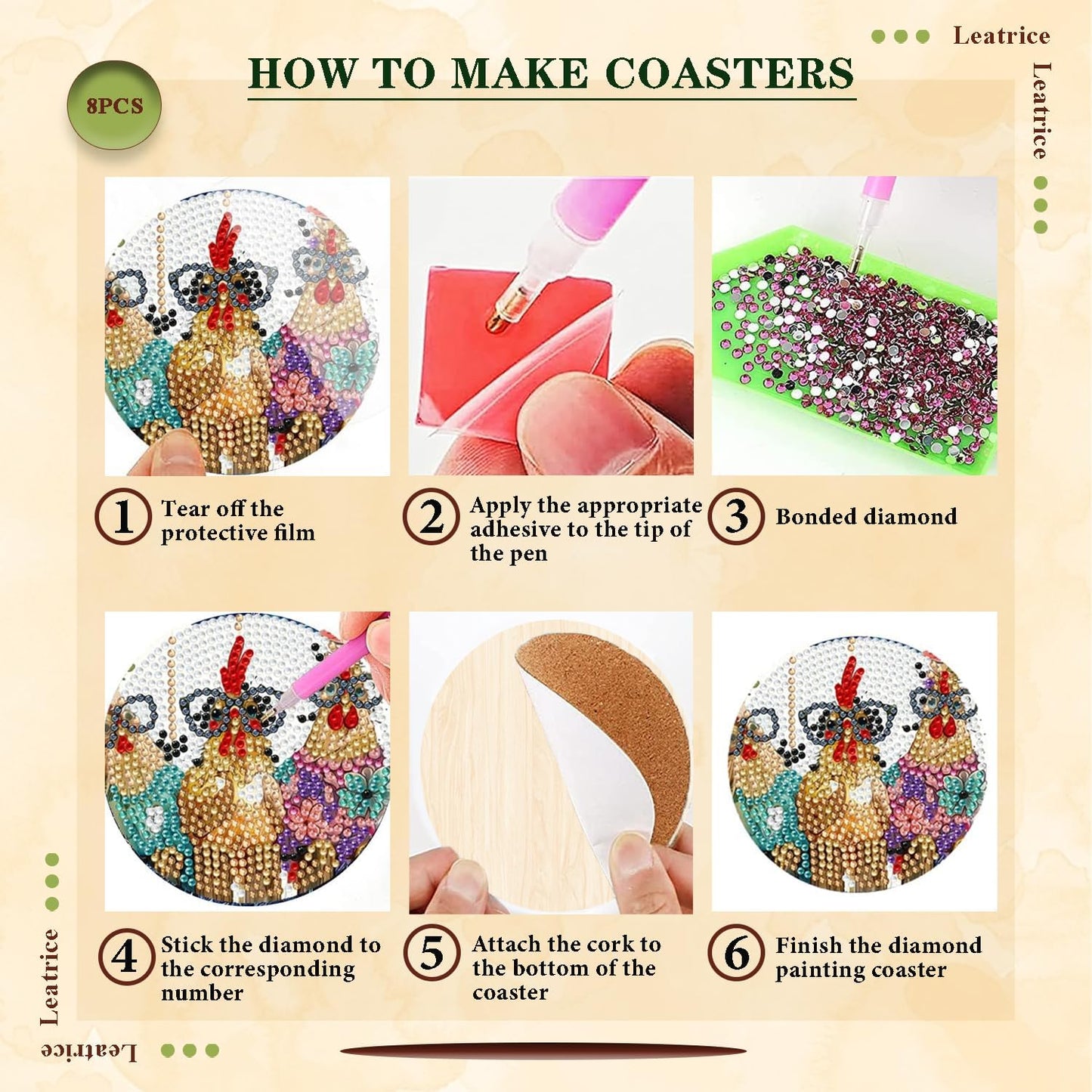 Leatrice 8PCS Chicken Diamond Art Coasters Small Diamond Painting Kits for Adults Diamond Dots Round Full Drill Diamond Coasters with Holder Easy Art Crafts for Beginners Kitchen Decro