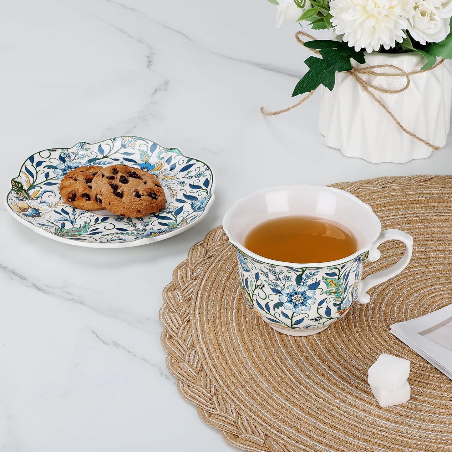 fanquare Vibrant Floral Porcelain Cup and Saucer Set, 8 oz Elegant Vintage Style Coffee Cup for Women and Tea Parties, Dishwasher Safe