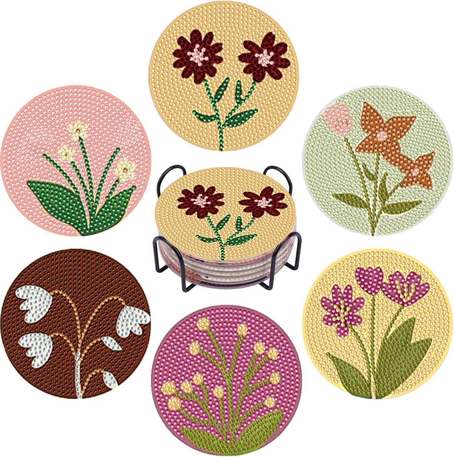 DOTSOPS 6Pack Diamond Art Coaster with Holder 5D Diamond Painting Kits for Adults Round Full Drill Beginners Gem Dots Craft Arts Supplies Party Home Decor Flower