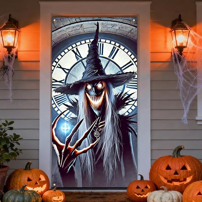 IVN Halloween Door Cover Clock Tower Witch Horror Enchanted Night Decor Photot Backdrop 35x71 Inch Festive Ornate Ornament Home Porch Decor Spooky Welcome Door Banner Outdoor Indoor Decoration
