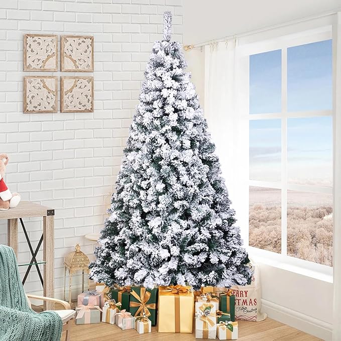ULICO 5ft Snow Flocked Artificial Christmas Tree,Premium Spruce Xmas Tree with 600 Branch Tips, Fake Christmas Tree with Foldable Metal Base Stand,Home, Office,Party Decoration