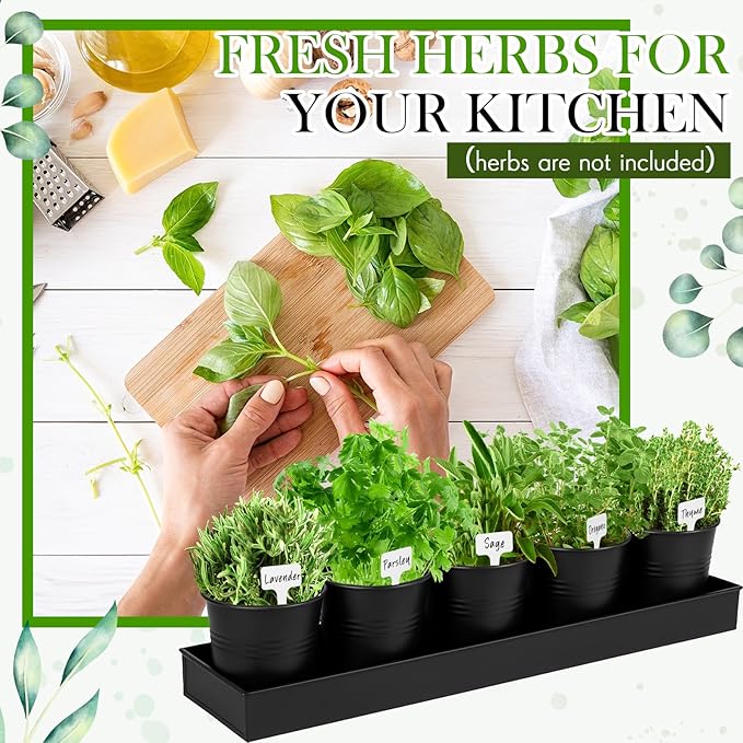 2 Sets Herb Garden Planter Indoor Kit with Trey 10 Pcs Metal Windowsill Plant Pots with Drainage Holes Indoor Herb Planter with Marker and Labels for Home Outdoor Plants (Black)