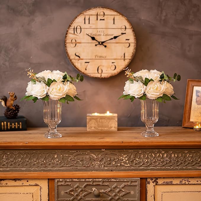 Glasseam Crystal Vases for Flowers, 7.5in Tall Vase Set of 6, Clear Glass Compote Vases and Ribbed Pedestal Bowls for Living Room Decorations Dining Table Home Decor