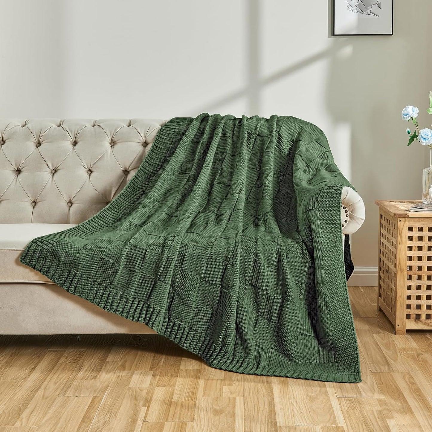 CozeCube Check Knit Throw Blanket,Christmas Green Checkered Bedroom Blanket for Couch, Soft Cozy Warm Knitted Blanket for Bed Sofa Living Room, Decorative Spring Fall Throw Blanket, 60"X80"