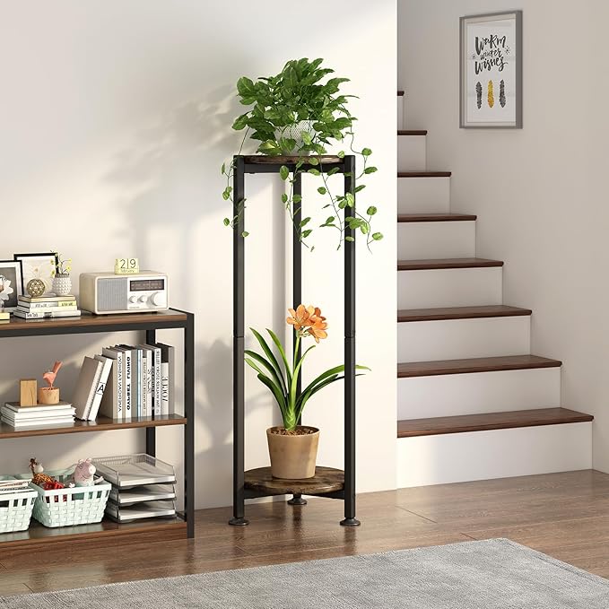 Plant Stand Indoor Corner Tall 2 Tier Metal Modern Flower Storage Plant Shelf Holder for Living Room Balcony Garden,Black (2 Tier-Black Round)