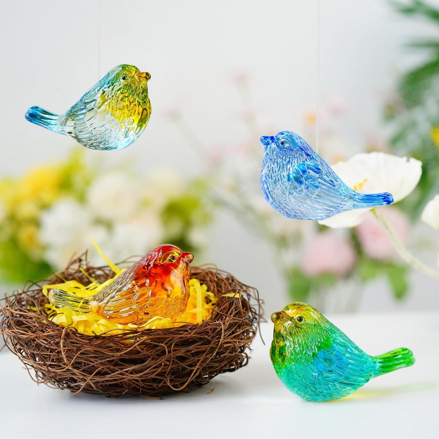 HDCRYSTALGIFTS 4PCS Colorful Crystal Birds Figurines - 3'' Art Glass Birds Animal Collectible Figurines Gifts for Women Bird Lovers Home Tabletop Office Decor