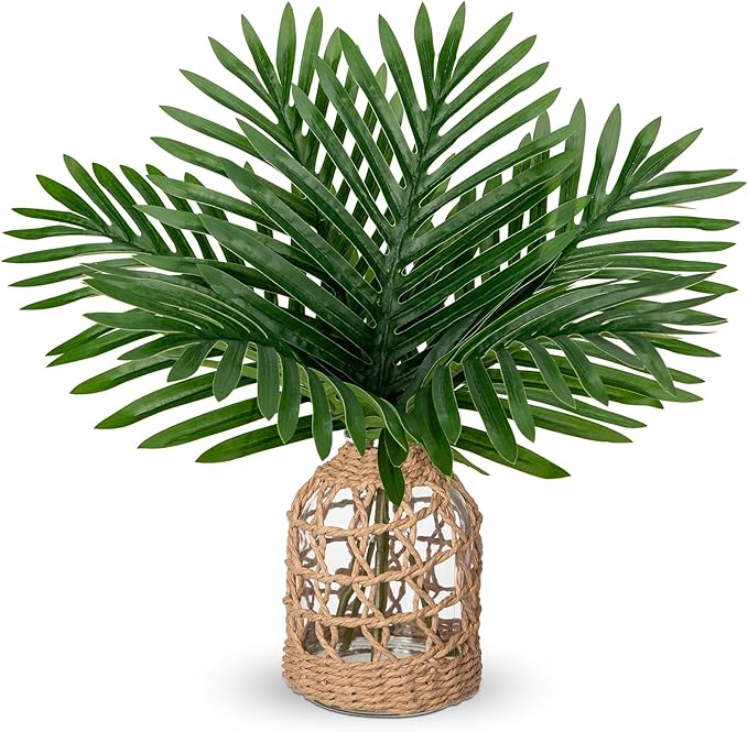 Fake Plants 14.2" Faux Palm Plant in Glass Vase, Realistic Tropical Fake Palm House Plants Artificial Palm Leaves Greenery Stems for Home Bathroom Office Farmhouse Balcony Shelf Centerpiece Décor