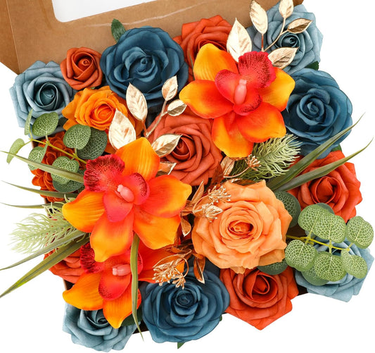 Floweroyal Artificial Flowers Combo Orange Flowers Mix Silk Flowers Fake Roses with Stems for DIY Wedding Bridal Bouquets, Baby Shower, Floral Arrangement, Table Centerpieces, Home Decorations