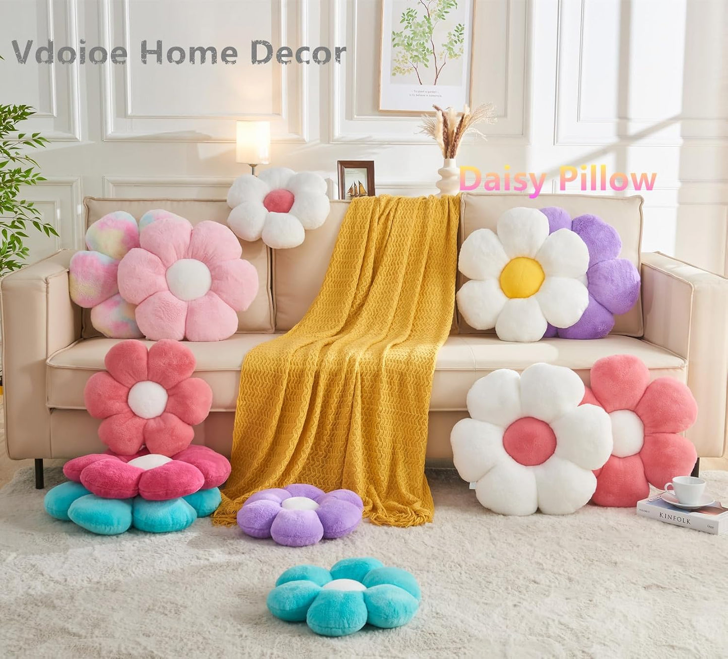 Daisy Pillow, Cute Flower Shaped Decorative Plush Pillow, 15.7In - Perfect for Sofa, Couch, Bed & Reading Tent
