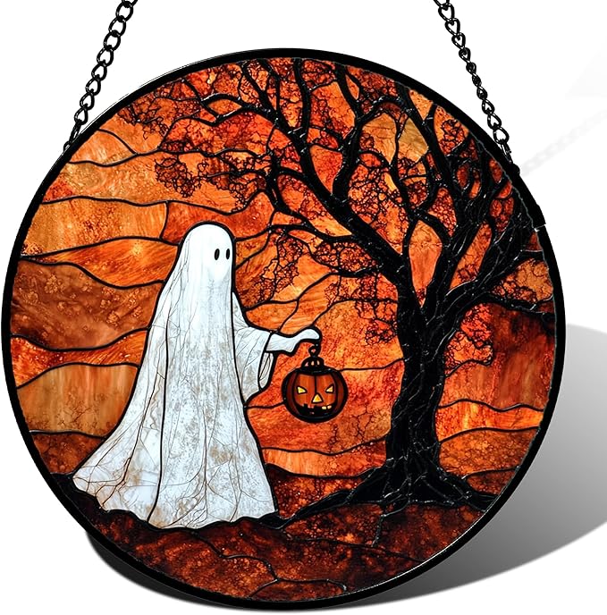 Stained Glass Window Hanging - Halloween Ghost Holding A Pumpkin Lantern Suncatcher for Door Garden Spooky Tree Sun Catchers Gothic Decorations Horror Gifts for Women Men Friend 7.8 in