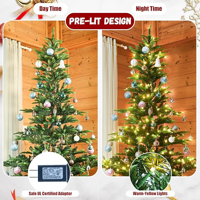 4FT Prelit Artificial Christmas Tree, Premium Douglas Fir Christmas Tree with 100 Warm White Lights & 298 Branch Tips, PE & PVC Mixed Pre Lit Hinged Xmas Trees for Holiday, Party Decoration
