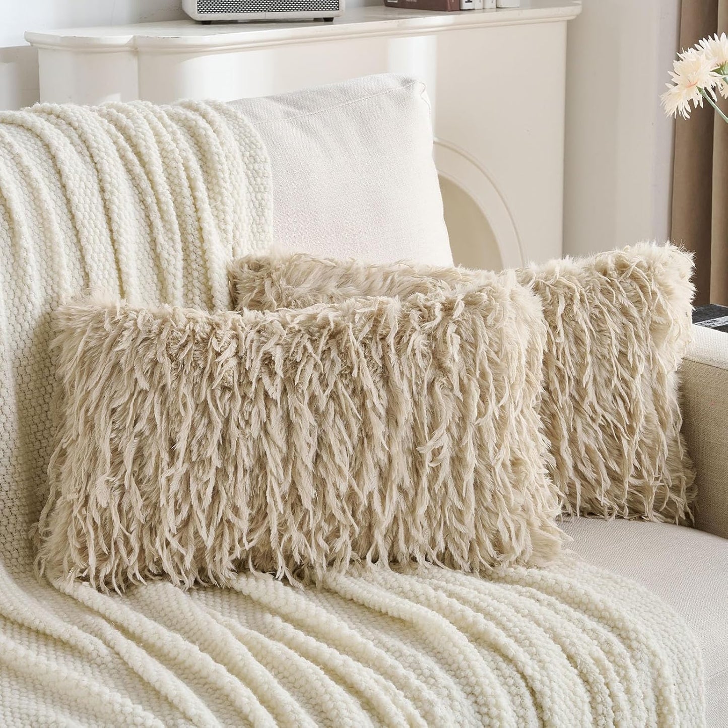 FUTEI Apricot Decorative Throw Pillow Covers 12x20 Inch Set of 2,Soft Fluffy Faux Feather Texture Lumbar Pillow Cases,Modern Home Luxury Decor for Couch Bed Living Room