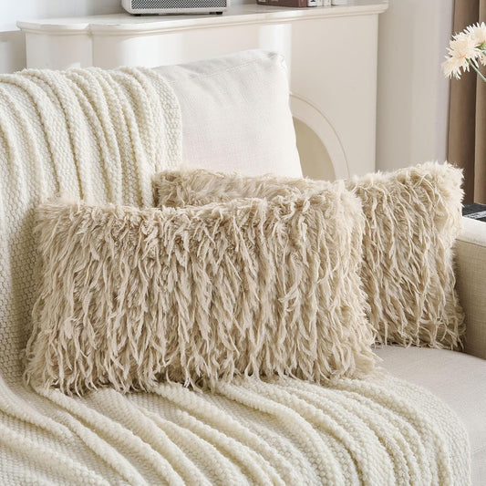 FUTEI Apricot Decorative Throw Pillow Covers 12x20 Inch Set of 2,Soft Fluffy Faux Feather Texture Lumbar Pillow Cases,Modern Home Luxury Decor for Couch Bed Living Room