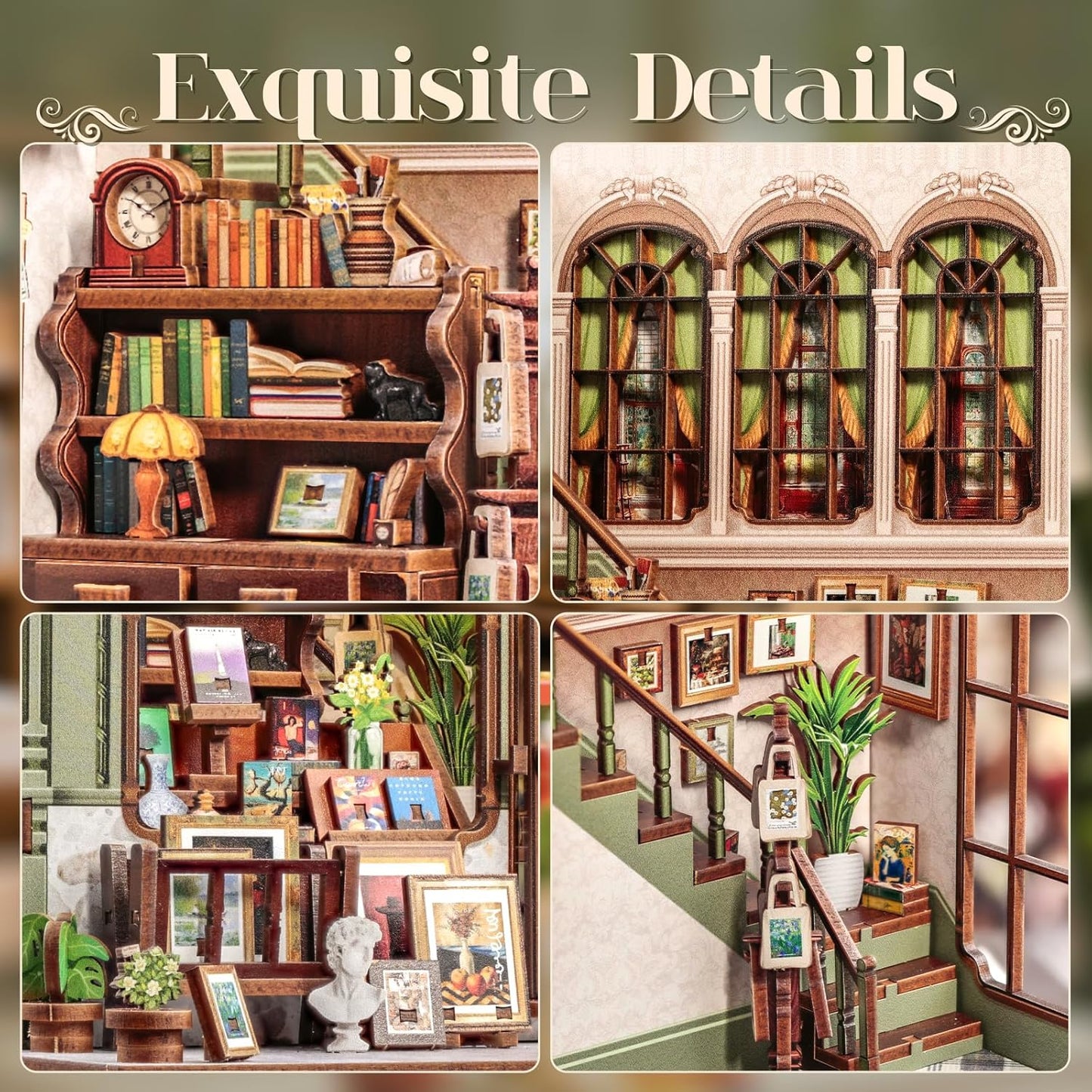 Cutefun Book Nook Kit - DIY Miniature Dollhouse Kit for Adults and Teens, 3D Wooden Puzzle Library Mini House Building Kit with LED Bookshelf Insert Decor Creative Gifts (Gallery Bookstore)