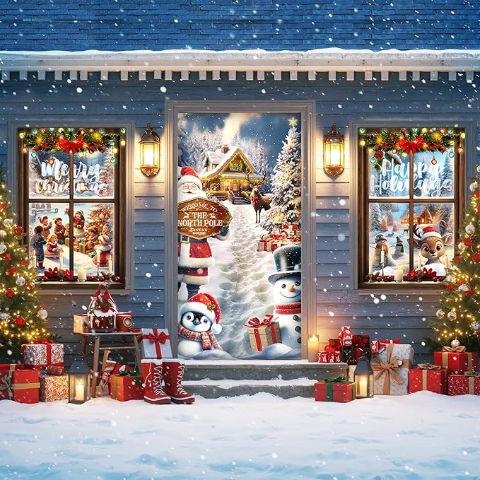 Tioncy 3 Pcs Merry Christmas Door Decorations Set 71" x 35" Christmas Door Cover 47" x 32" Window Cover Santa Claus Snowman Winter Reindeer Pattern Porch Banner Indoor Outdoor Themed Decoration