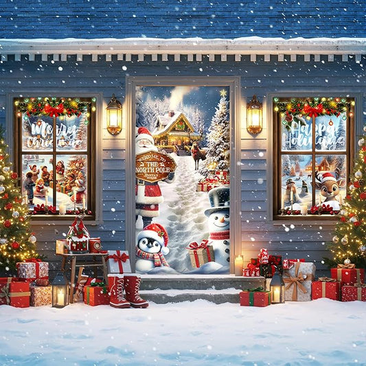 Tioncy 3 Pcs Merry Christmas Door Decorations Set 71" x 35" Christmas Door Cover 47" x 32" Window Cover Santa Claus Snowman Winter Reindeer Pattern Porch Banner Indoor Outdoor Themed Decoration