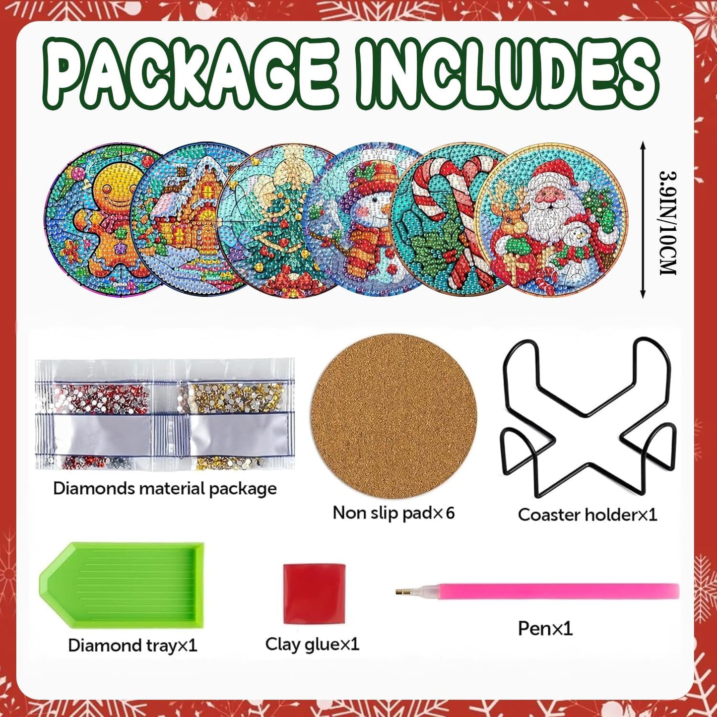 EWJRNSF 6 PCS 5D Diamond Painting Coasters Kits with Holder, Small Diamond Art Kits for Adults Beginners Diamond Dots Arts and Crafts Gems Supplies Item Christmas Style