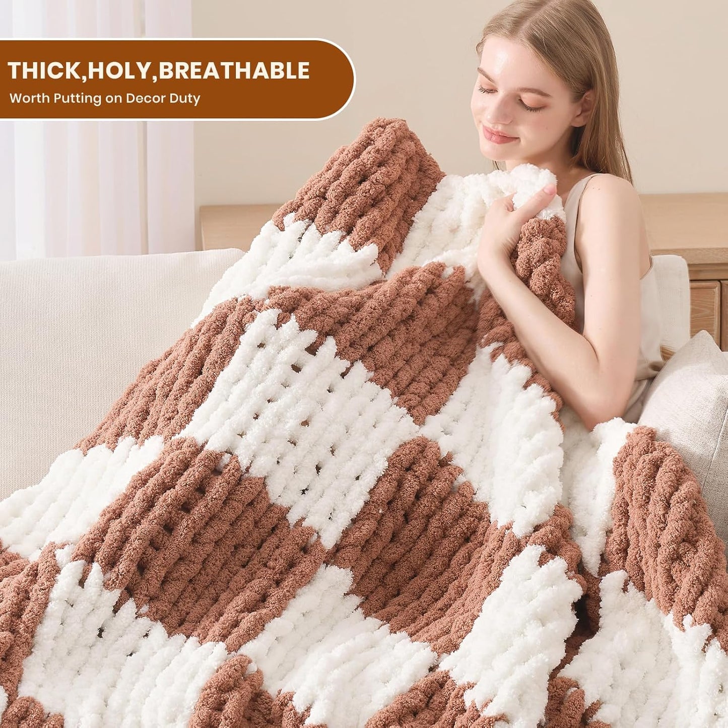 L'AGRATY Chunky Knit Blanket Throw: 50''x60'' Chenille Chunky Knitted Throw Blankets for Bed Couch - Handmade Thick Cable Knit Blanket - Large Crochet Rope Blankets for Home Decor(Brown Checkered)