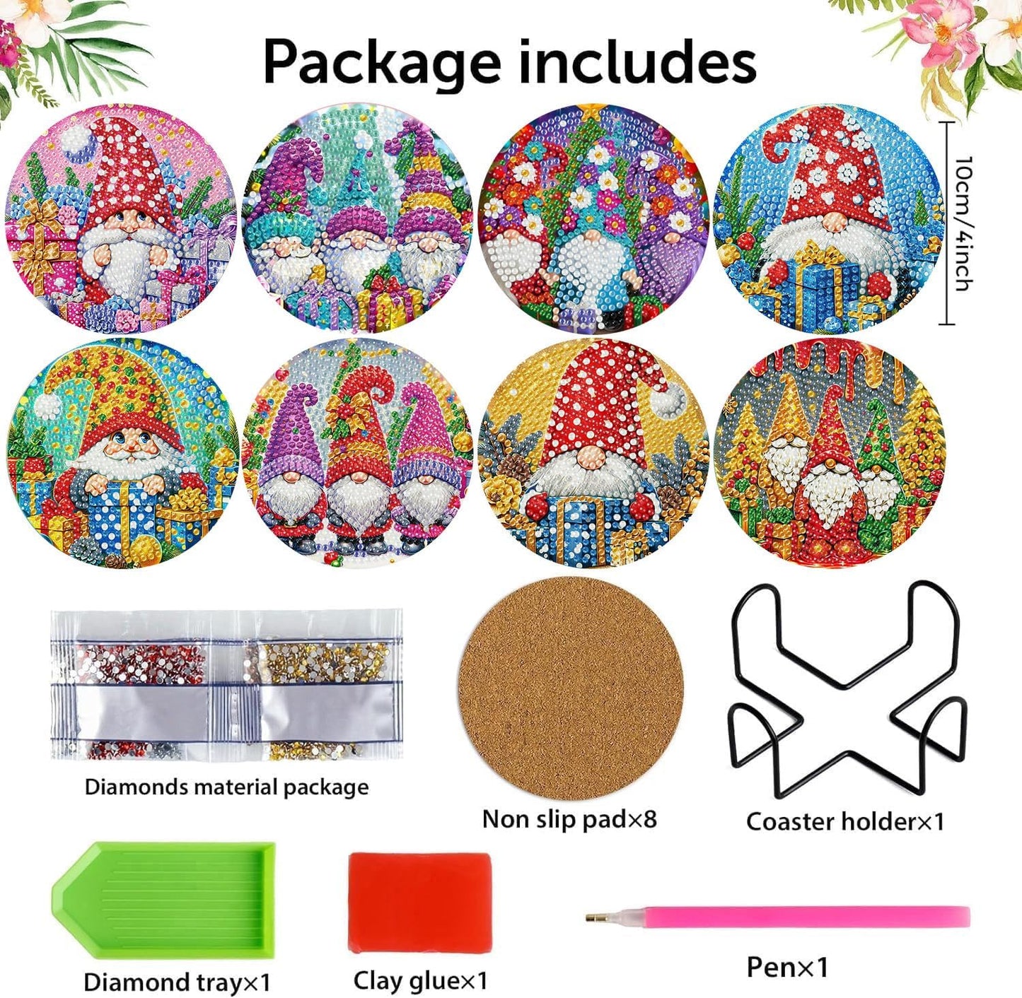 Meothan 8 Pcs Diamond Art Coasters Kits for Adults with Holder Cork Pads, Christmas Diamond Dots Art Painting Coasters Crafts Kit for Home Office Decor (Gnomes Theme)