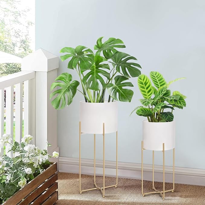 Floor Standing White Planters with Gold Stands for Indoor Plants, Large Metal Plant Pots Set of 3, Tall Planters for Mid Century Modern Living Room, Corner, Patio (Diameter 9/8/7 inches)
