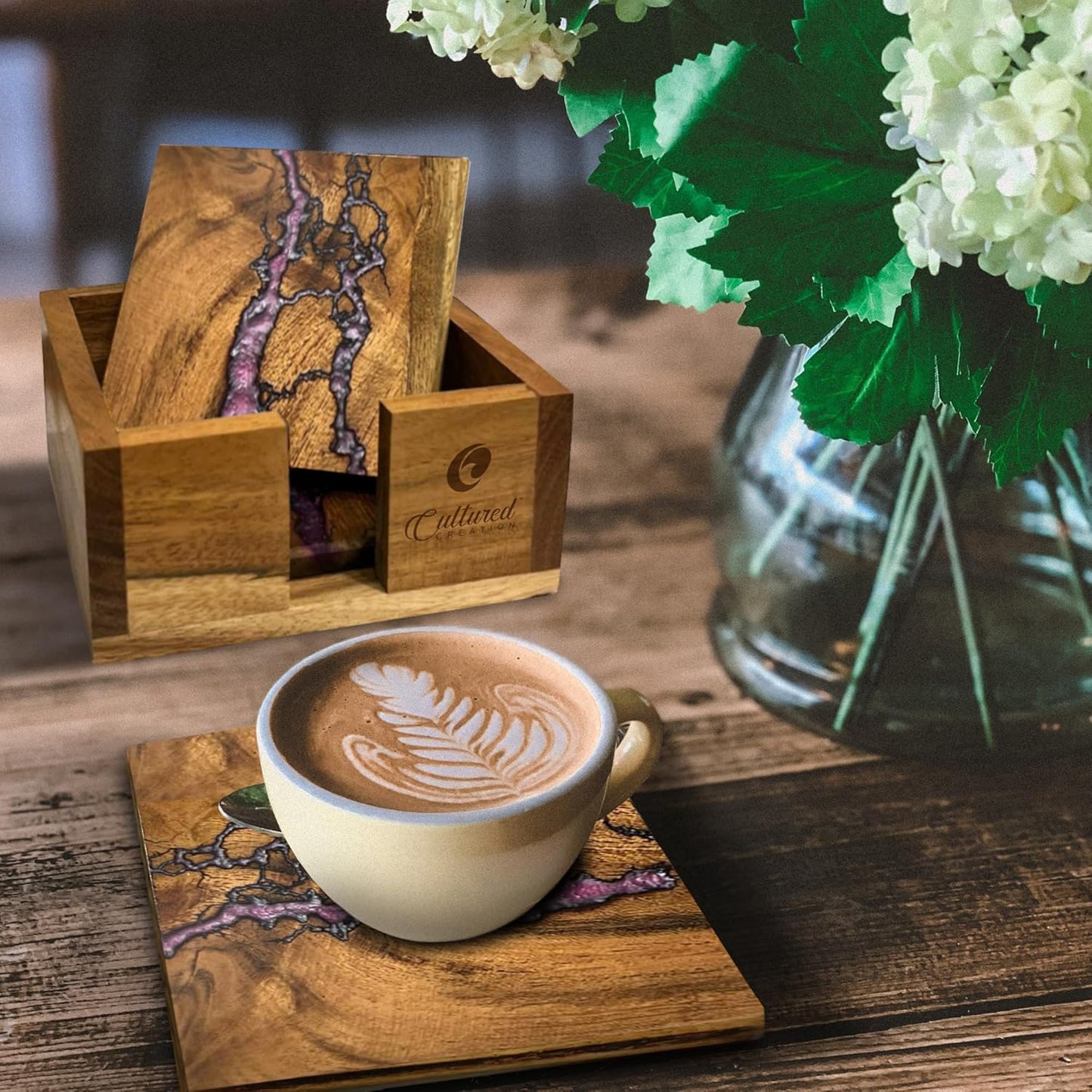 Beautiful Epoxy Resin and Wood Coaster Set - Ideal for Tabletop Protection - Enhance Your Coffee Table Decor - (Frcatal Burning Pink)